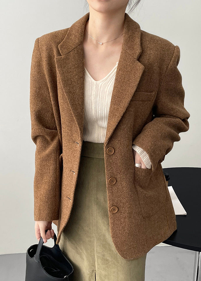 Boutique Caramel Brown Notched Pockets Button Woolen Coat Fall WD008