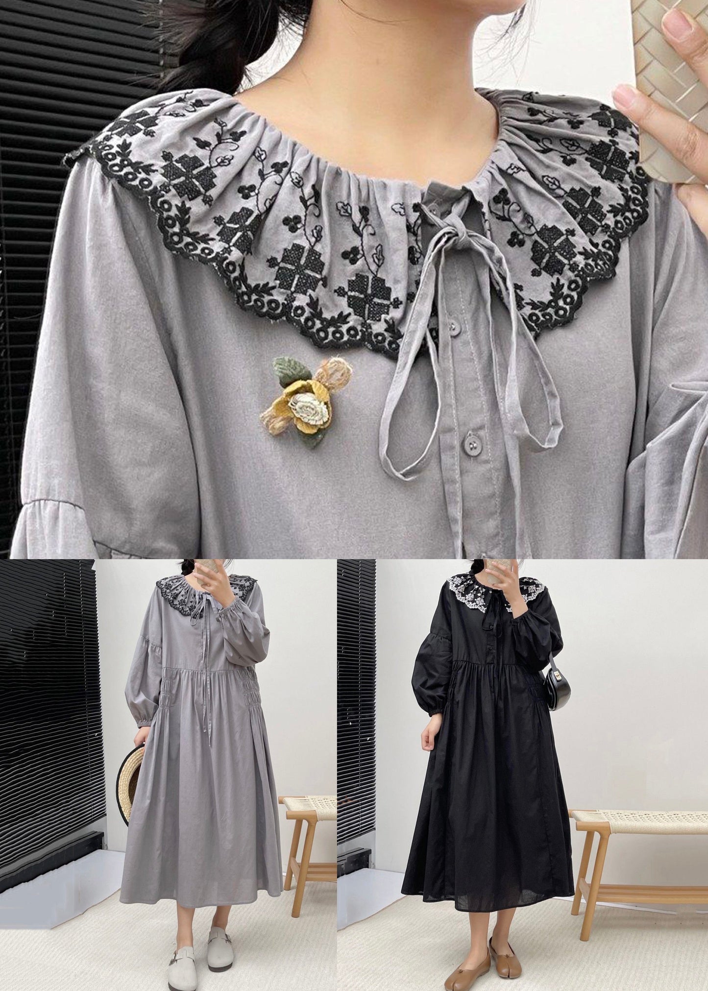 Robe en coton froissée à boutons gris brodée à manches longues NN004 