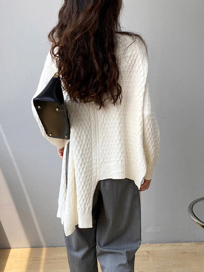 Retro Oatmeal Round-Neck Split-Side Long Sleeve Twist Knit Sweater AN1045