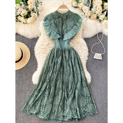 Temperament Olive Lace Ruffled Pleated Hem Flying Sleeve Dress AR1002