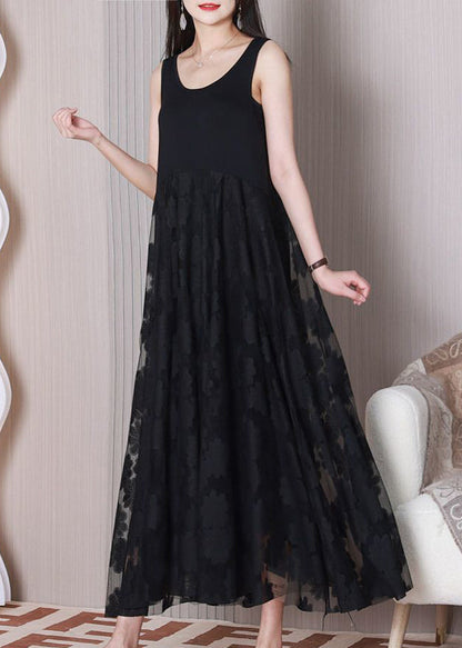 Women Black O Neck Patchwork Cotton Dresses Sleeveless TT1024