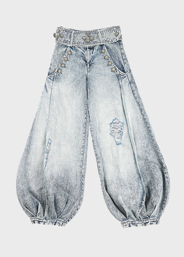 Hose Frühling Weites Blaues Bein Denim Style Leichte Taille Hoch Zerrissen 