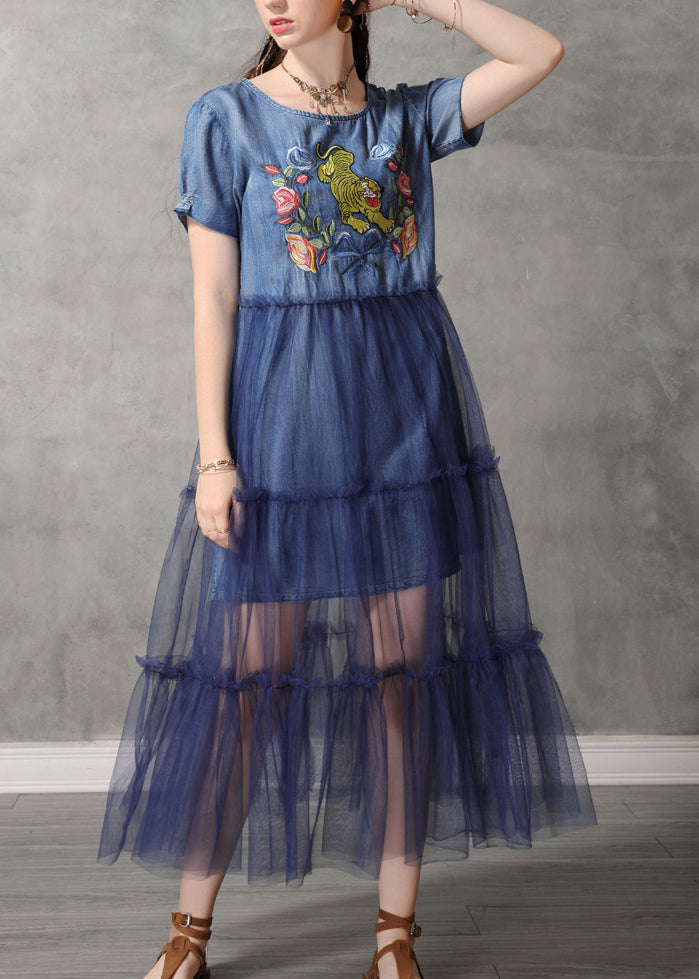 Classy Blue O-Neck Embroidered Tulle Patchwork Long Denim Dresses Short Sleeve NN020