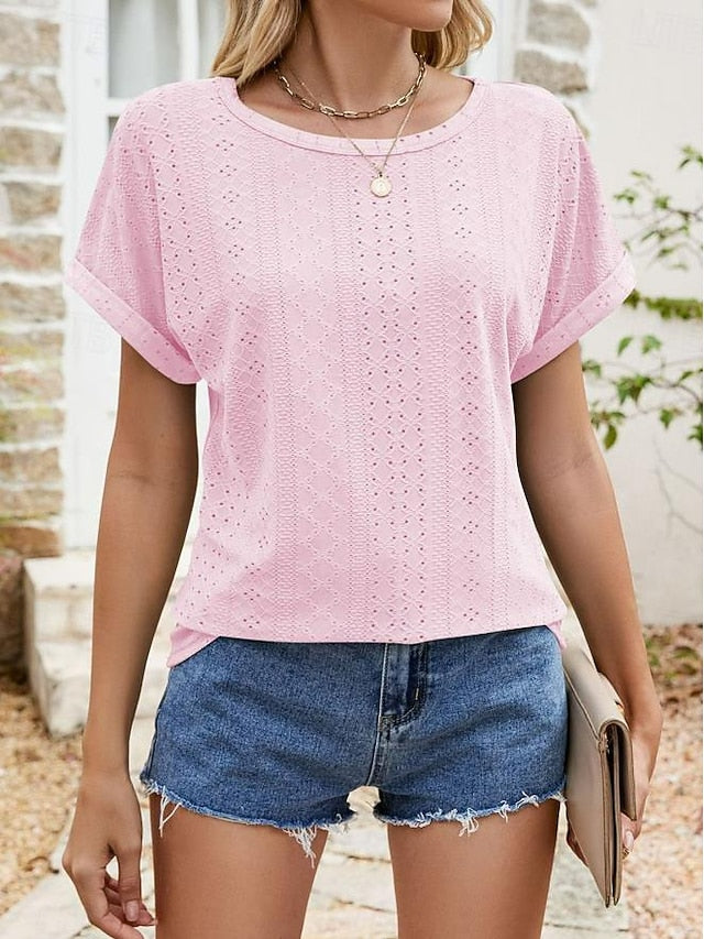 Women's Texture Blouse Eyelet Top Pointelle Tee Tunic