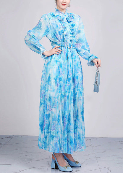 Fitted Blue Ruffled Print Sashes Chiffon Dresses Long Sleeve AO1071