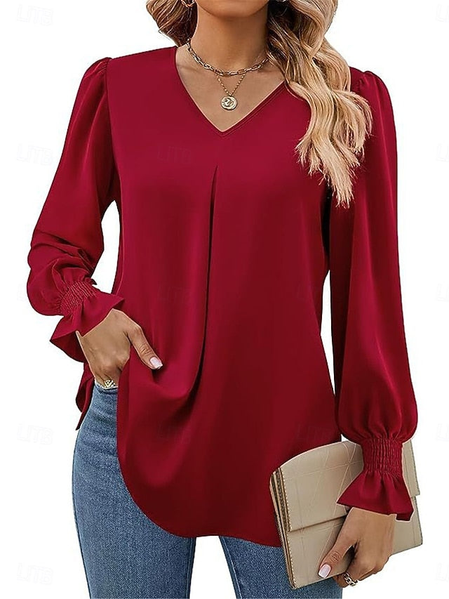 Women's Shirt Blouse Solid Color Basic Casual Long Sleeve V
