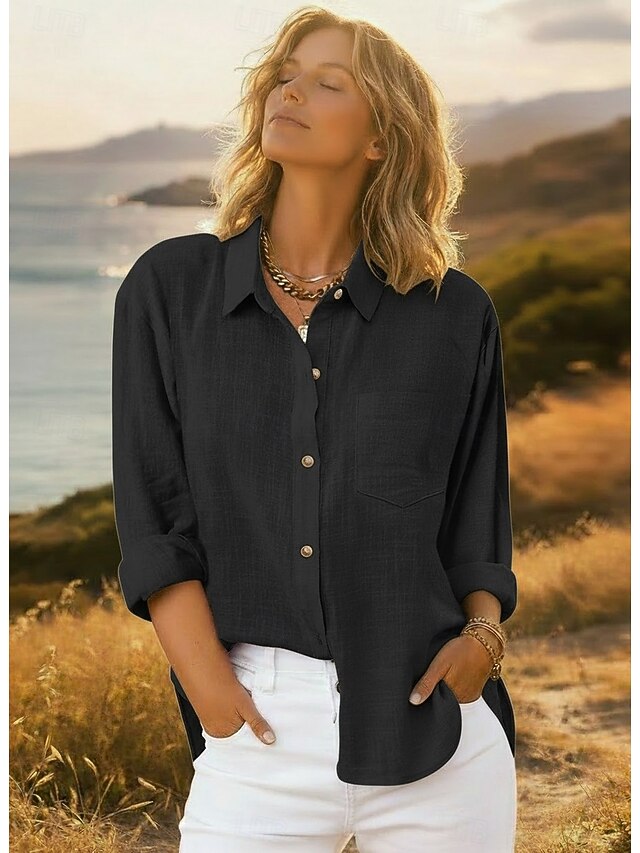 Women's Shirt Button Up Blouse Long Cotton Top Pocket