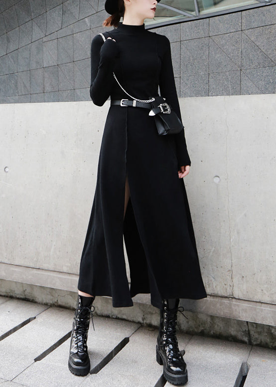 Cotton Open High Dresses Waist Spring Side Long Black