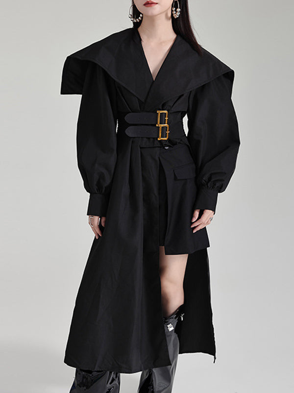 Pleated Black Asymmetric Lapel Waisted Long High Modern Belted