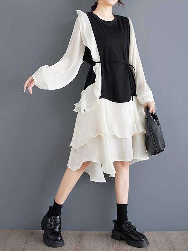 Schickes schwarzes Patchwork-Kleid mit Rundhalsausschnitt, kontrastfarbenem Rüschenbesatz und High-Low-Langarm TW019 