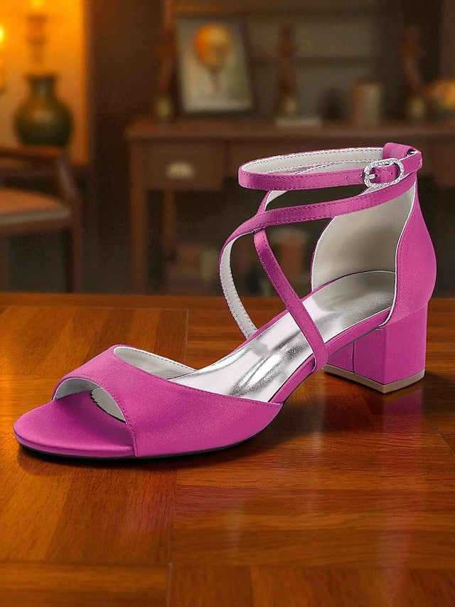 Ankle Strap Sandals Women's Block Heel with Satin - Elegant