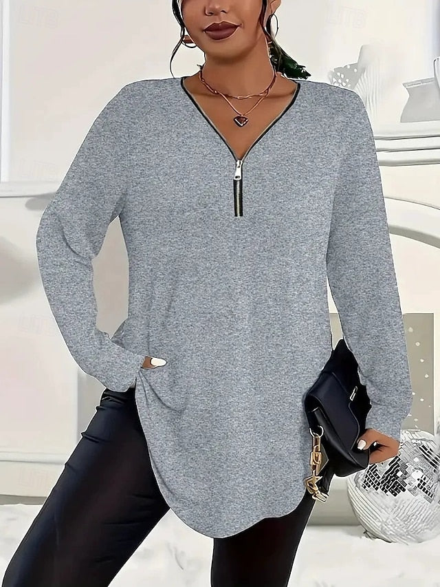 Women's T Shirt Zipper Solid Color Fashion Casual Long