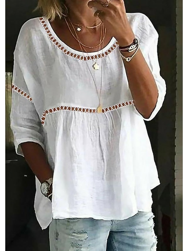 Women's Lace Shirt Eyelet top Long Cotton Top White Cotton