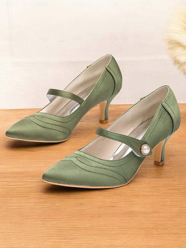 Jane Button Satin - with Heels Pearl Green Mary Elegant