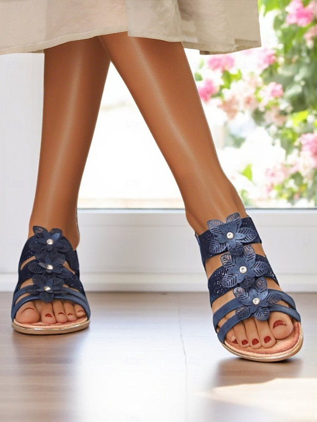 Sandals Elegant Beige – Flat Rhinestone Women's Floral