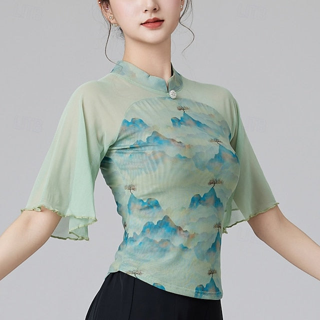 Latin Dance Top Splicing Tulle Women's Performance Training