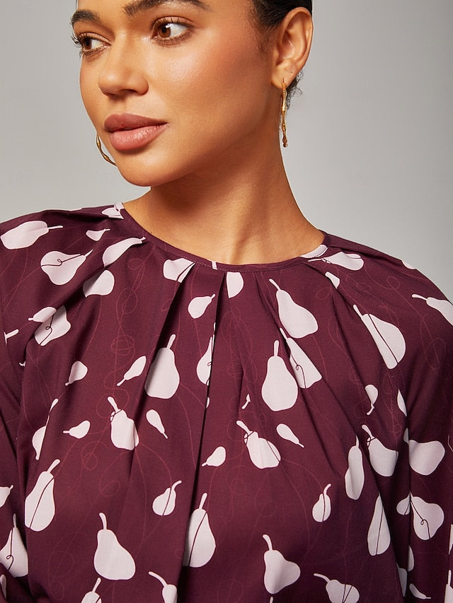 Women's Top Casual Loose Fit Pear Print Long Sleeve Wine