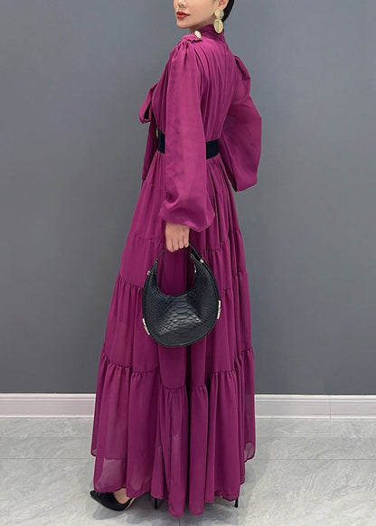 Chic Purple V Neck Patchwork Party Chiffon Long Dress Fall AO1040