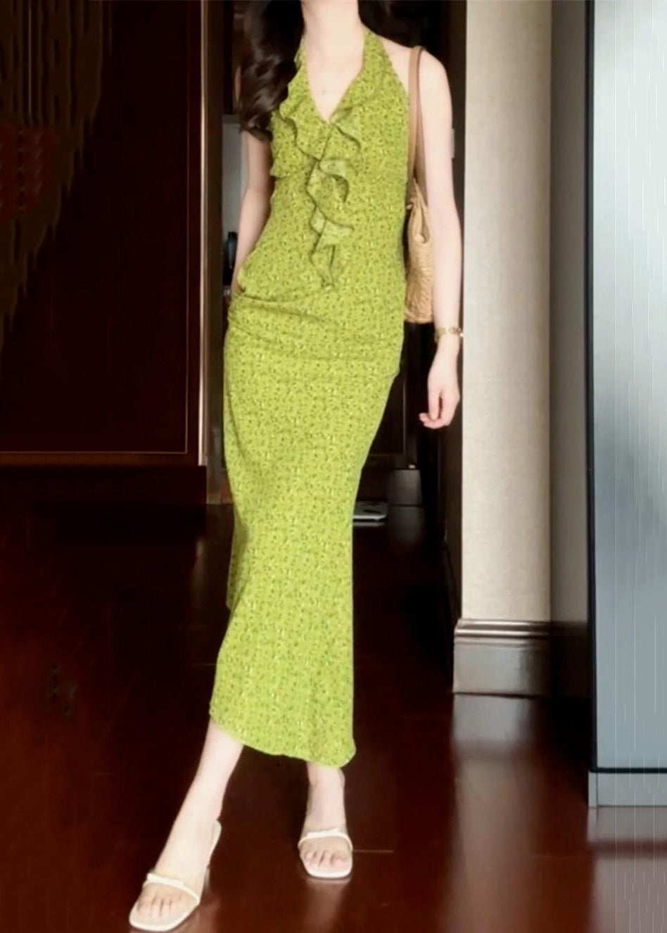 New Ruffled Print Dress Cotton Green Sleeveless Long