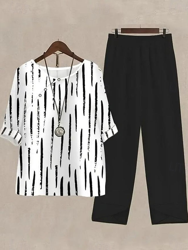 Women's Shirt Basic Pants Sets Half Sleeve Round Neck