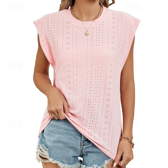 Women's Texture Blouse Eyelet Top Pointelle Tee Tank Top