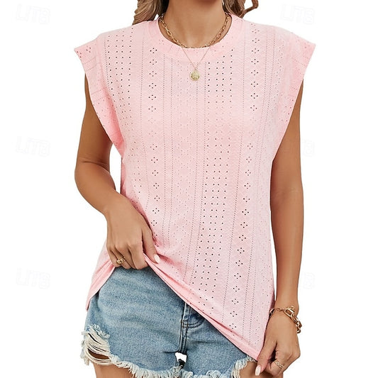 Women's Texture Blouse Eyelet Top Pointelle Tee Tank Top
