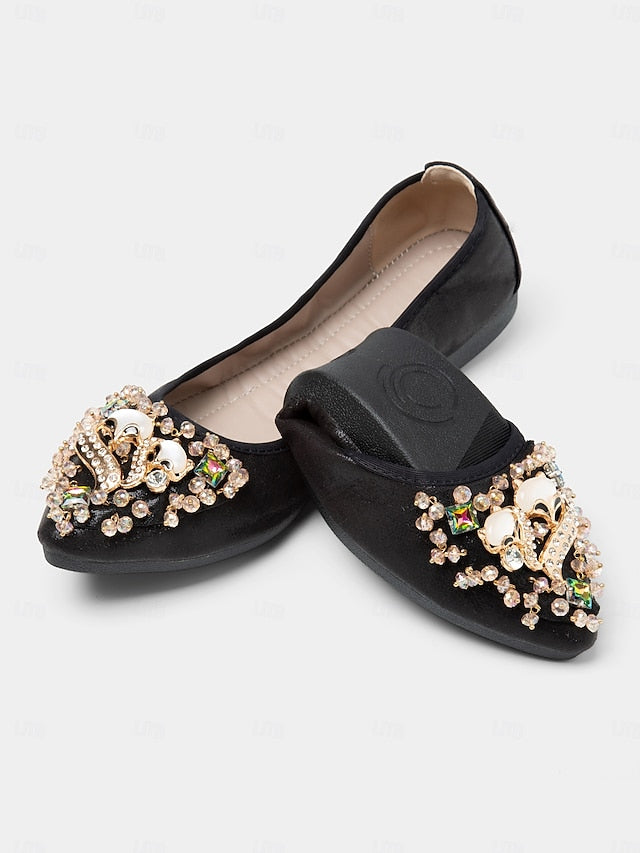 Foldable Rhinestone Flats Ballet with Black Women's