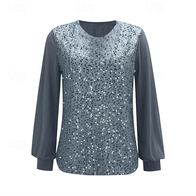Women's T Shirt Tee Top Sequins Patchwork Solid Color