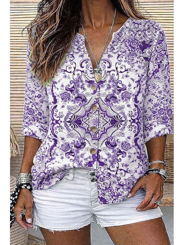 Women's Shirt Tunic Summer Tops Buttons Floral Graphic