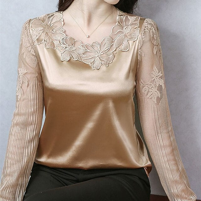 Women's Shirt Elegant Satin Top Blouse Ruched Lace