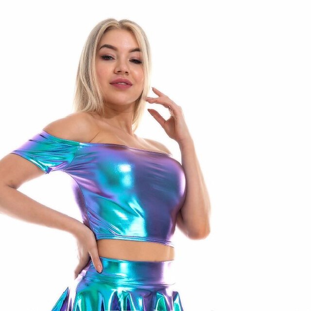 Metallic 1980s Shiny Latex Patent Crop Top PU Leather Off