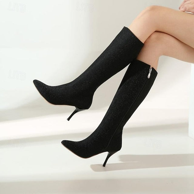 – Women's Elegant Stiletto Sparkly Knee-High Boots