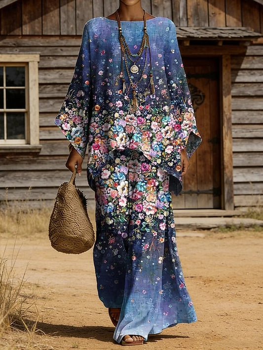 Women's Pants Sets Long Sleeve Round Neck Floral Graphic