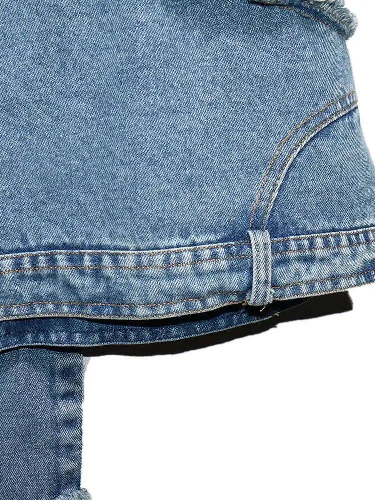 Denim Street Patchwork Sleeve White Short T-Shirt O-neck Hem