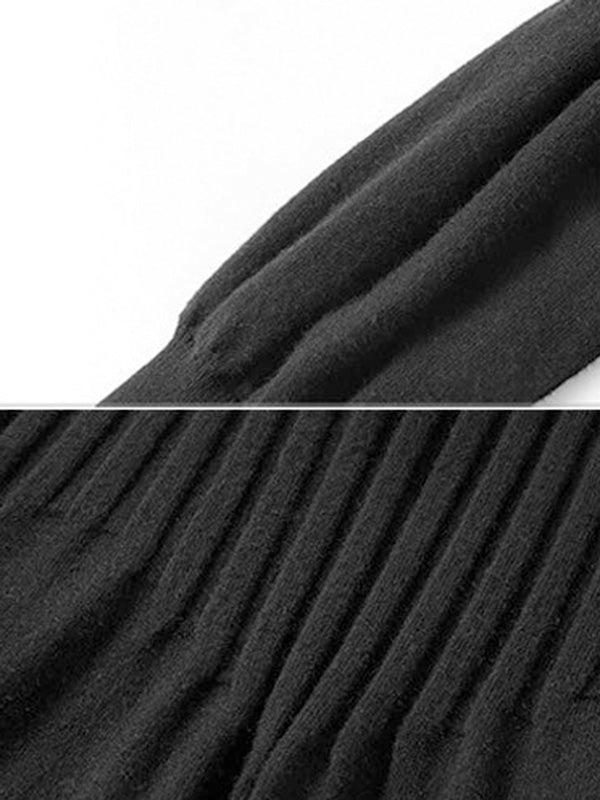 Robe en tricot décontractée ample grise à col en V et manches longues bouffantes plissées AN1038 