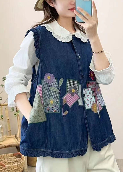 Cute Navy Embroidered Patchwork Button Waistcoat Sleeveless NN038