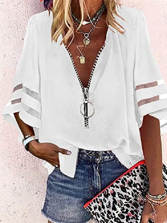 Women's Shirt Blouse Black White Yellow Plain Striped
