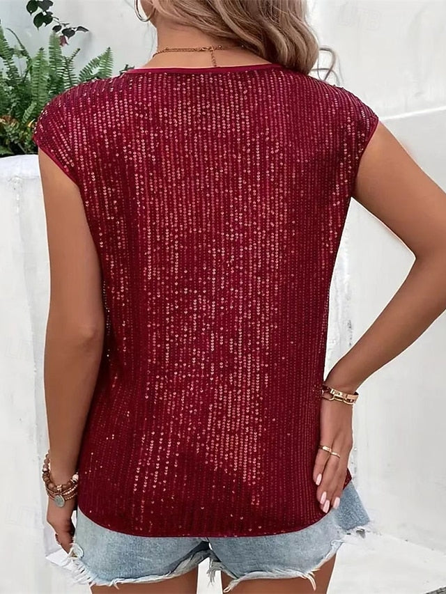 Women's T Shirt Summer Tops Sequins Patchwork Solid Color