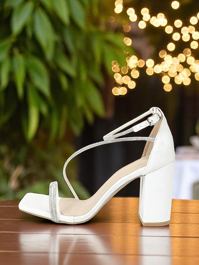 Rhinestone Straps Block - Sandals White Heel Women's with