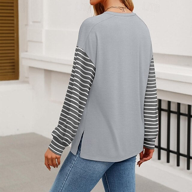 Women's T Shirt Tee Top Patchwork Striped Fashion Classic