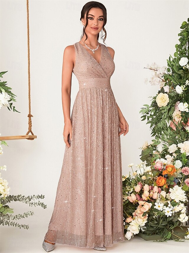 A-Line Bridesmaid Dress V Neck Sleeveless Elegant Floor Length