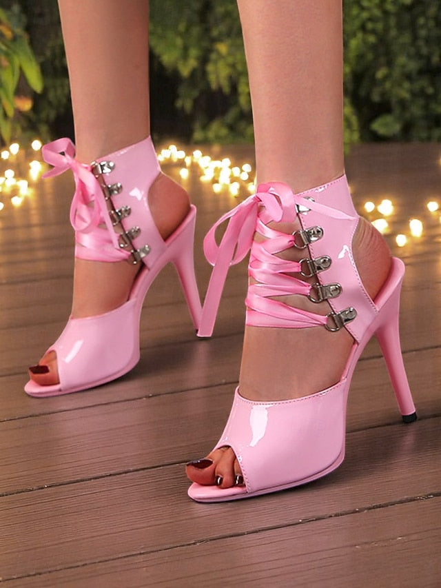 Patent Stiletto Lace-Up Black Sexy Cutout Sandals Women's -