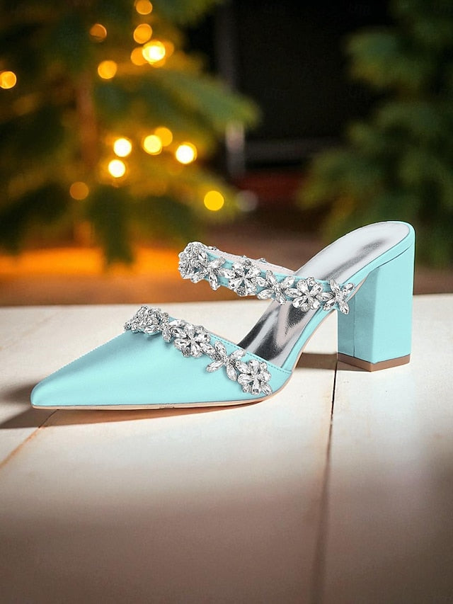 Block Heel Floral with Women's Black Mules Satin Rhinestone
