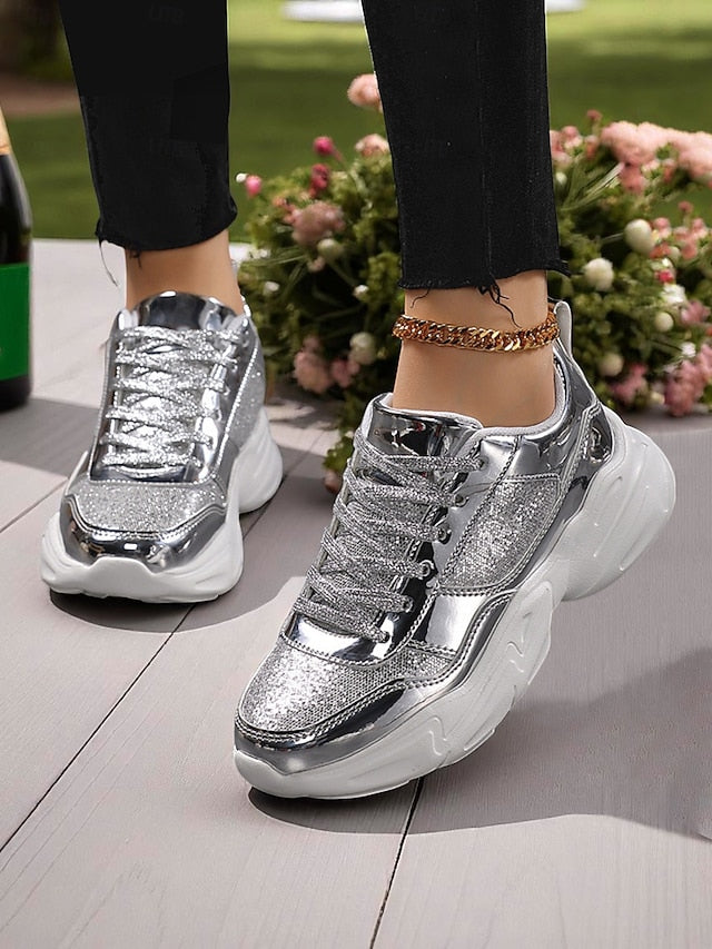 with Chunky Platform Metallic Sneakers Women's Glitter