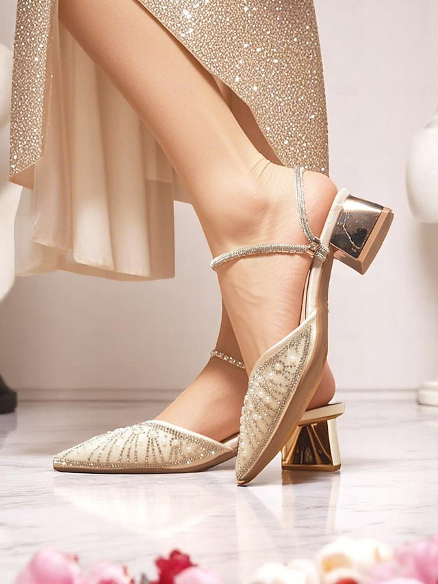 Ivory Toe Pointed Heels Block with and Pearl Women's