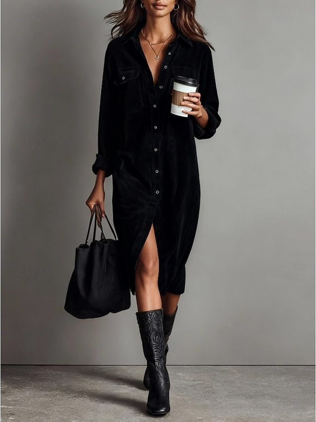 Women's Corduroy Midi Dress Shift Dress Casual Boho Office