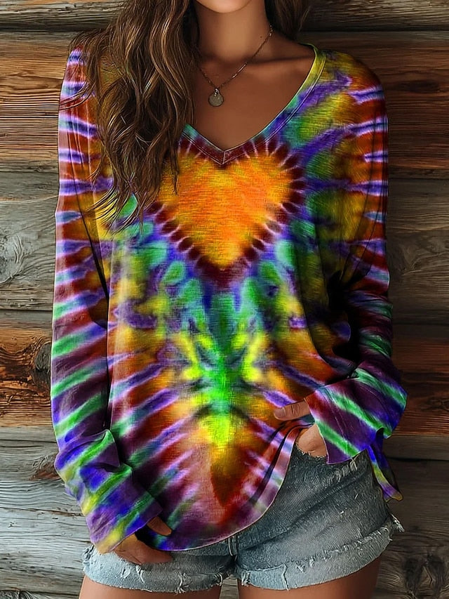 Women's T Shirt Print Heart Graphic Tie Dye Bohemia Vintage