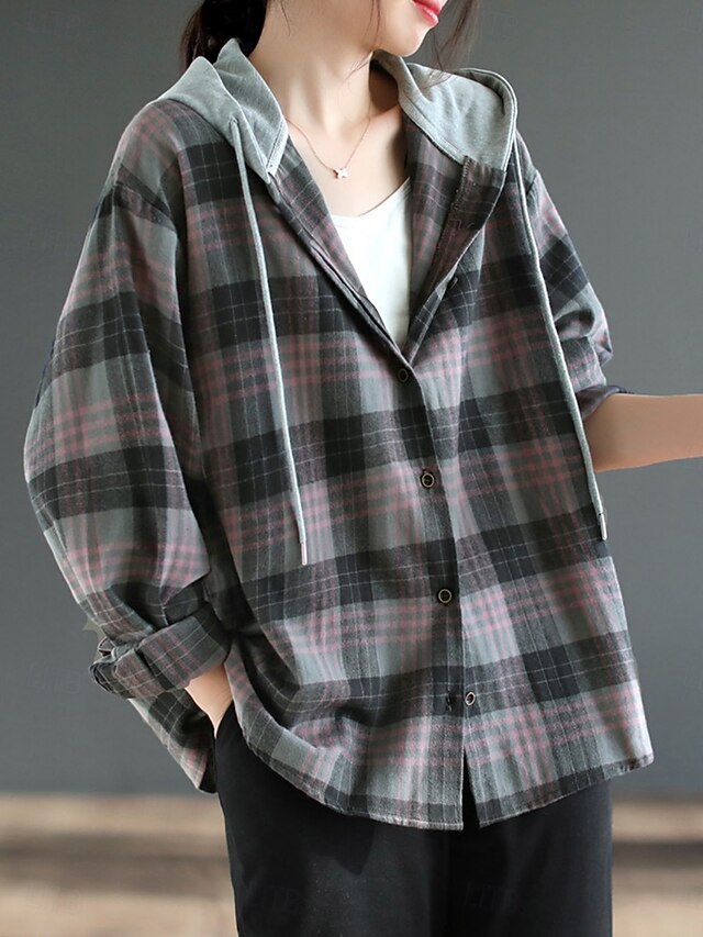 Women's Blouse Buttons Print Plaid Stylish Casual Long