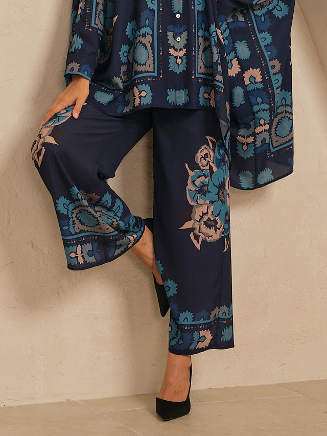 Women's Wide Leg Pants Chiffon Ethnic Floral Hawaiian Print
