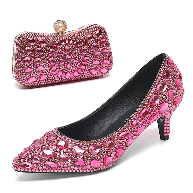 Crystal-Embellished Heel Kitten Shoes Matching and Women's